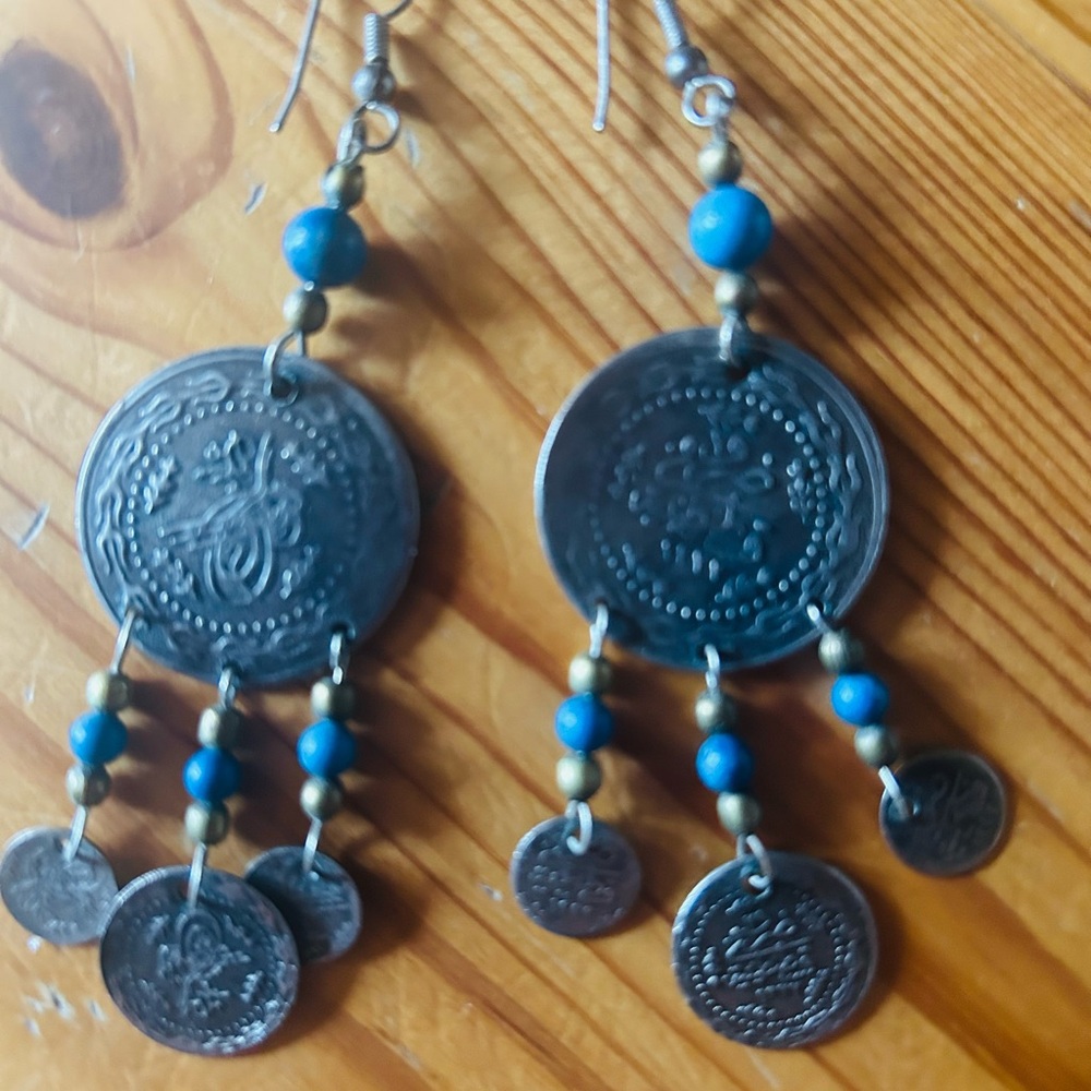 Source Unknown Turquoise Blue and Antique Silver Coin Dangle Earrings